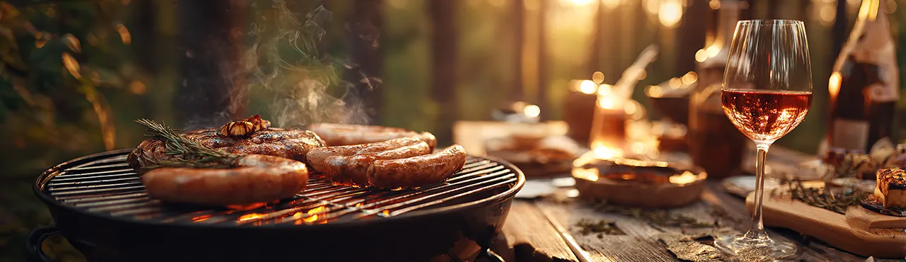 Würstchen und Steak auf dem Grill – dazu ein Glas Wein